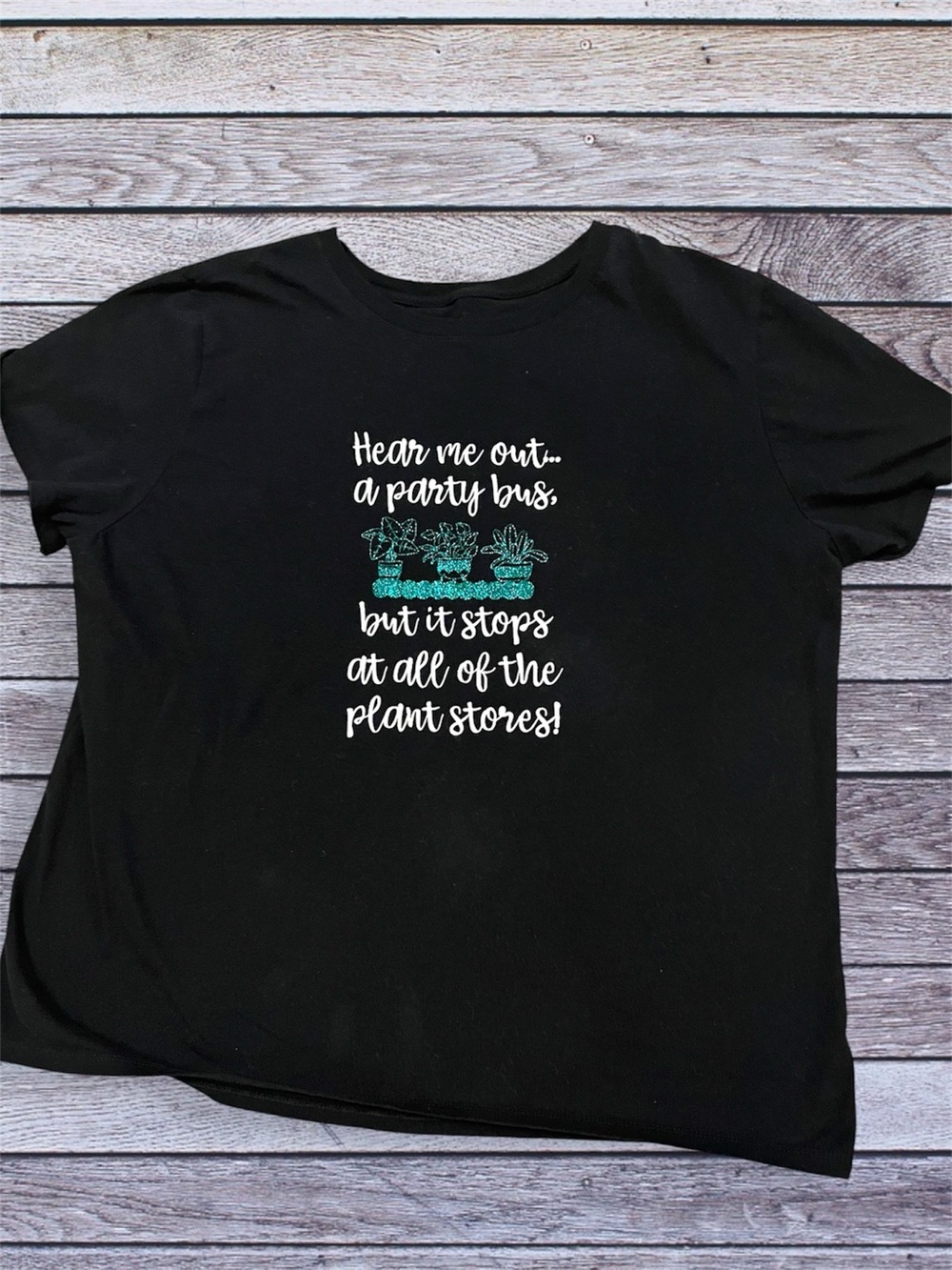 Black Tee with Green Plant Graphic and Plant Store Party Bus Script 2xl